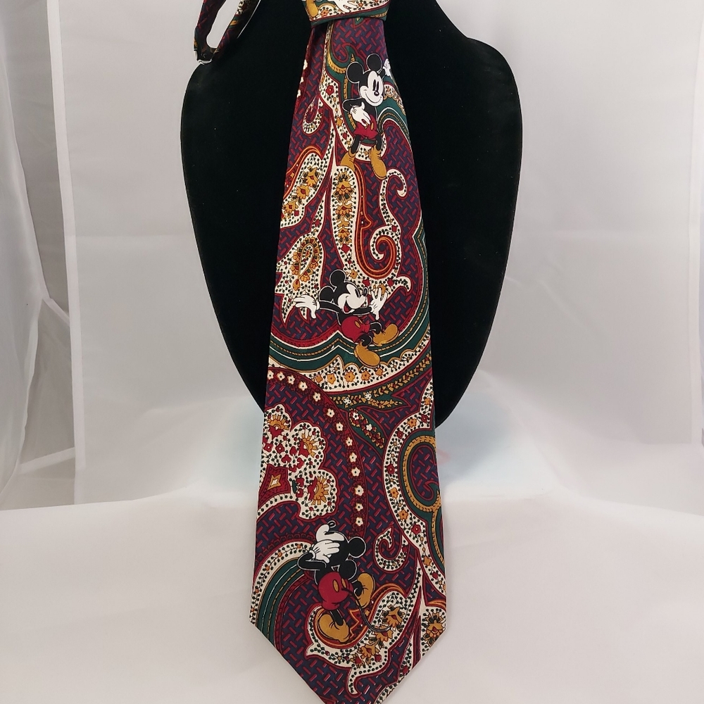 Vintage Disney Mickey Inc Navy Burgundy Gold Green 100% Silk Necktie Holidays